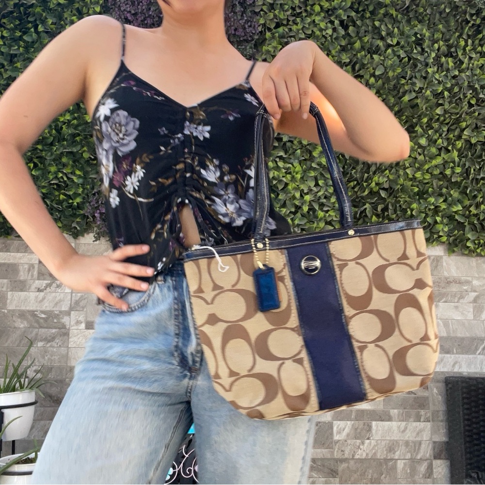 Coach Tan and Blue Signature Tote Bag